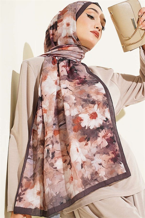 Daisy Patterned Bamboo Crush Shawl Chestnut
