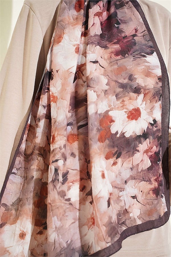 Daisy Patterned Bamboo Crush Shawl Chestnut