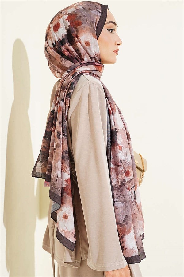 Daisy Patterned Bamboo Crush Shawl Chestnut