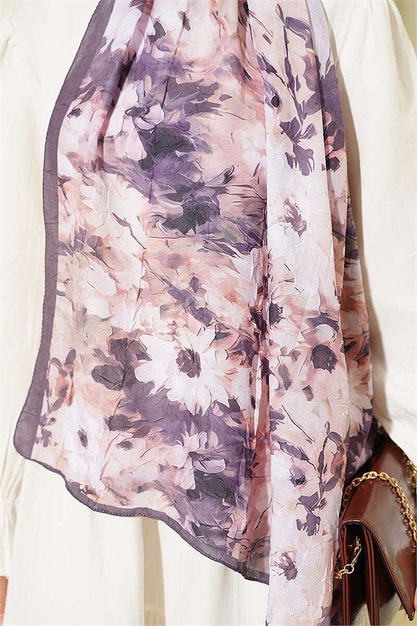 Daisy Patterned Bamboo Crash Scarf Dark Mink