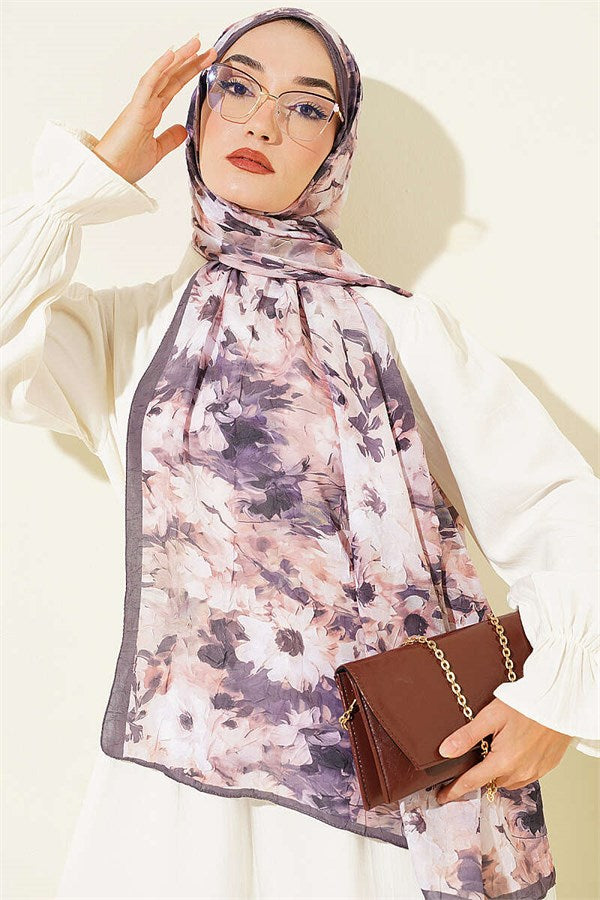 Daisy Patterned Bamboo Crash Scarf Dark Mink