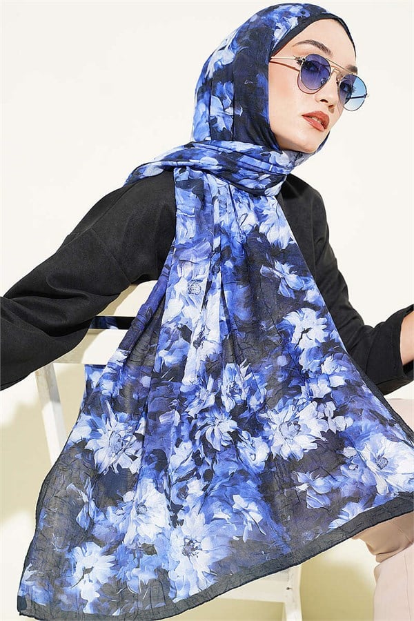 Daisy Patterned Bamboo Crash Scarf, Navy Blue