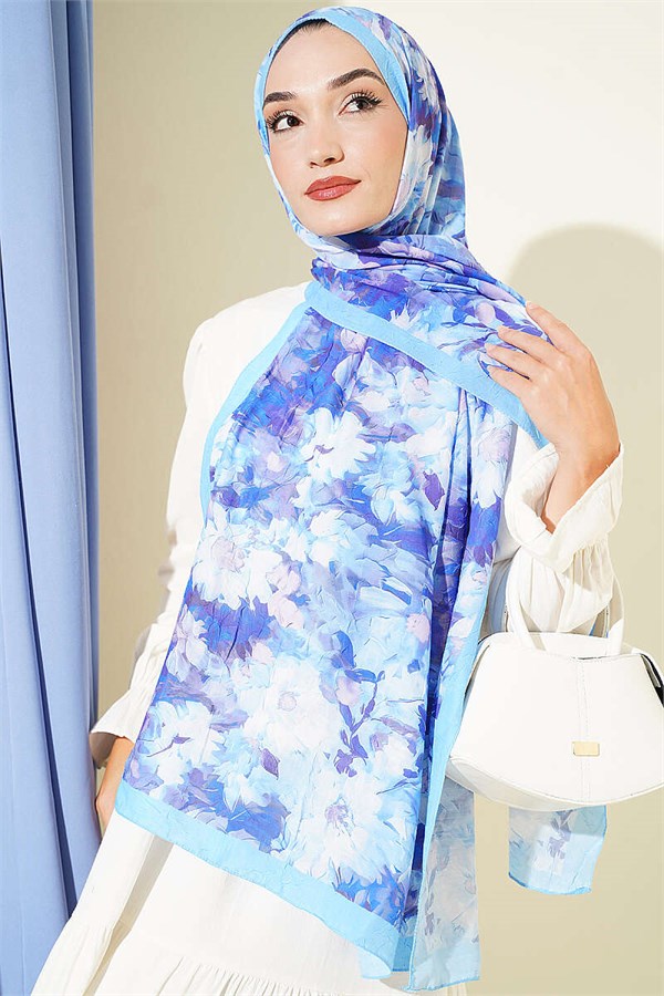 Daisy Patterned Bamboo Crash Scarf, Blue