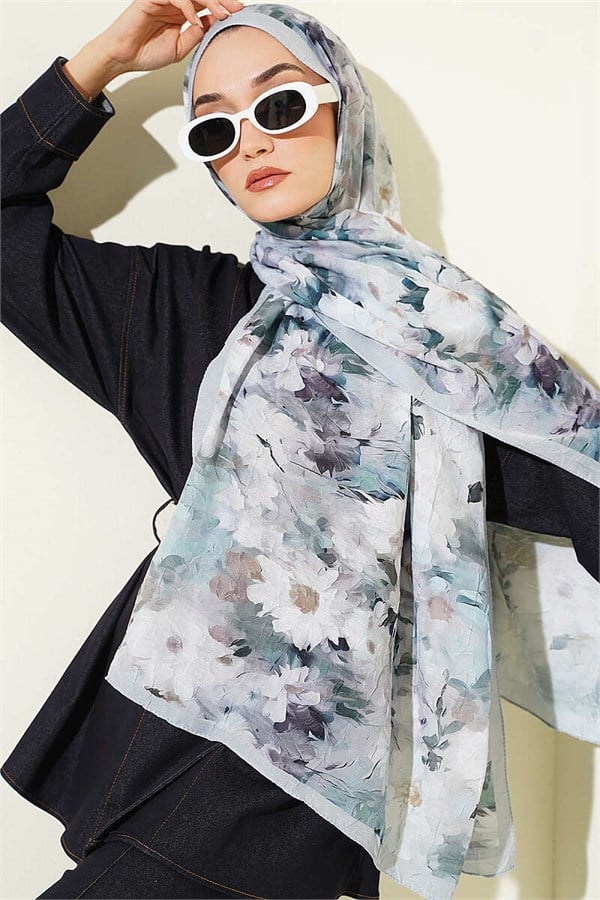 Daisy Patterned Bamboo Crush Shawl Mint
