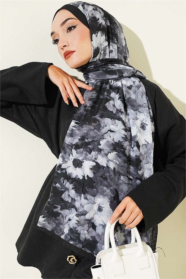 Daisy Patterned Bamboo Crash Scarf, Black