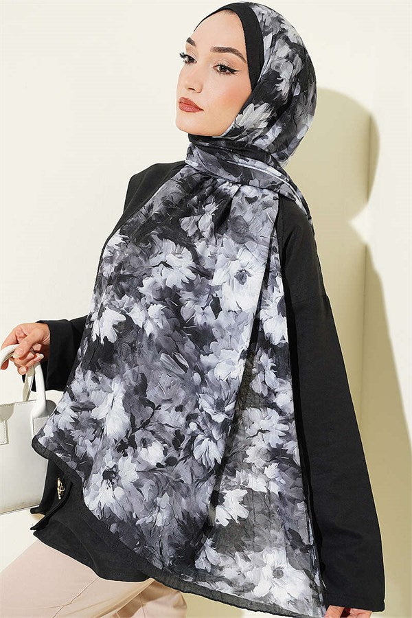 Daisy Patterned Bamboo Crash Scarf, Black