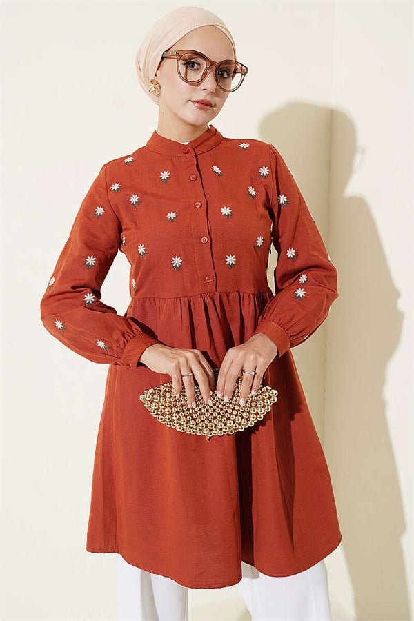 Daisy Embroidered Tunic in Terracotta