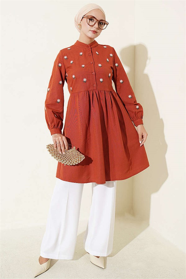 Daisy Embroidered Tunic in Terracotta