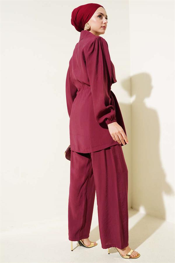 Piece Detail Waist Tunnel 2 Piece Set Claret Red