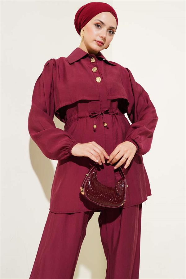 Piece Detail Waist Tunnel 2 Piece Set Claret Red