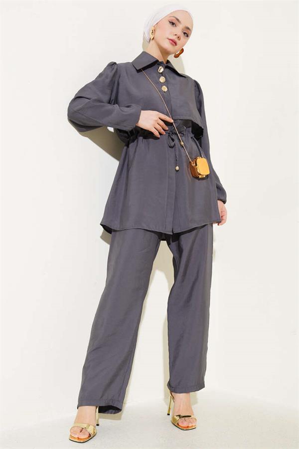 Piece Detailed Waist Tunnel 2 Piece Set Smoke