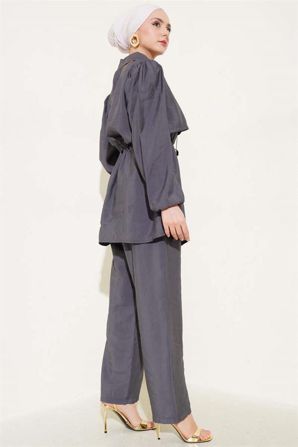 Piece Detailed Waist Tunnel 2 Piece Set Smoke