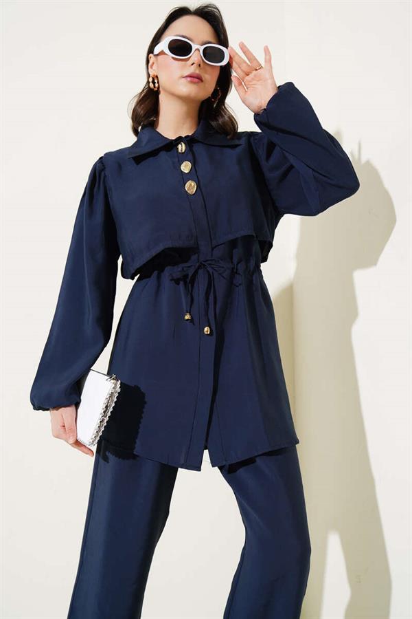 Piece Detailed Waist Tunnel 2 Piece Set Navy Blue