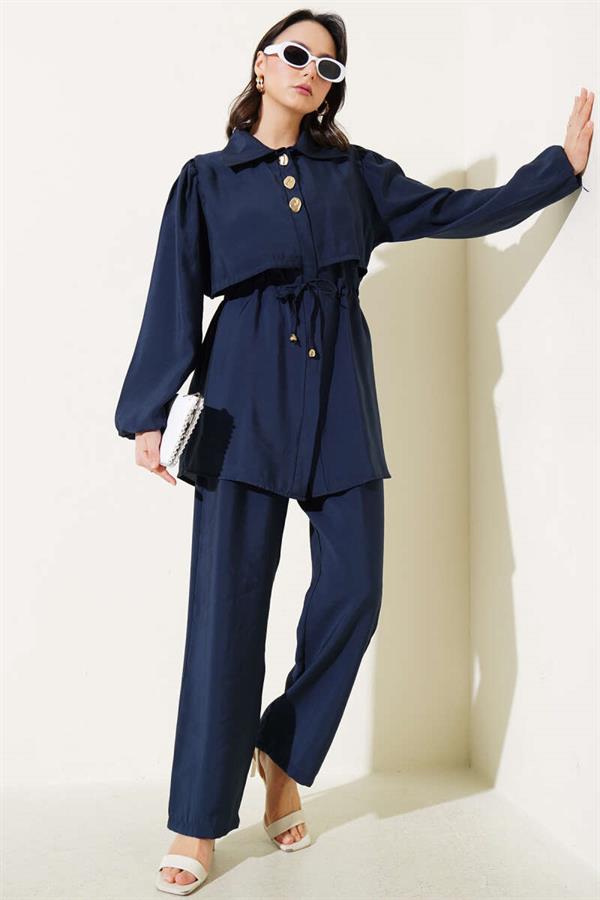 Piece Detailed Waist Tunnel 2 Piece Set Navy Blue
