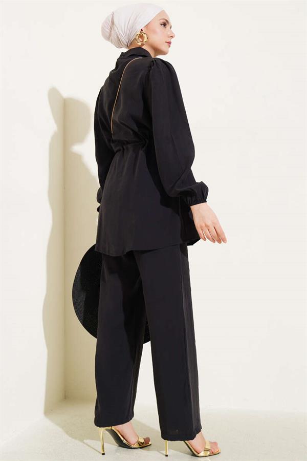 Piece Detailed Waist Tunnel 2 Piece Set Black