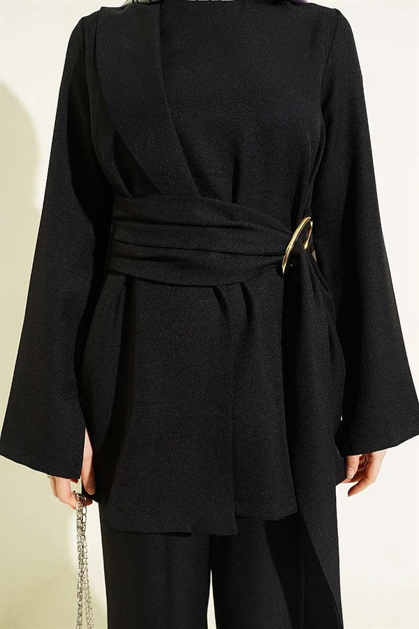 Detailed 2 Piece Set with Gold Buckle, Black