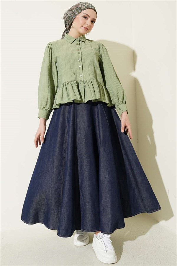 Detailed Flared Denim Skirt