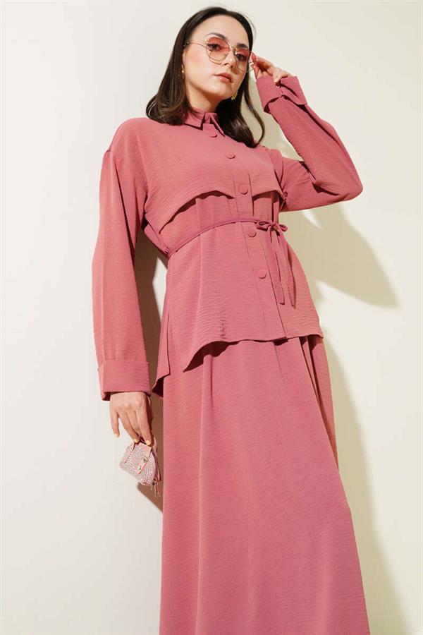 Piece Detailed Belted Skirted Aerobin Suit Dusty Rose