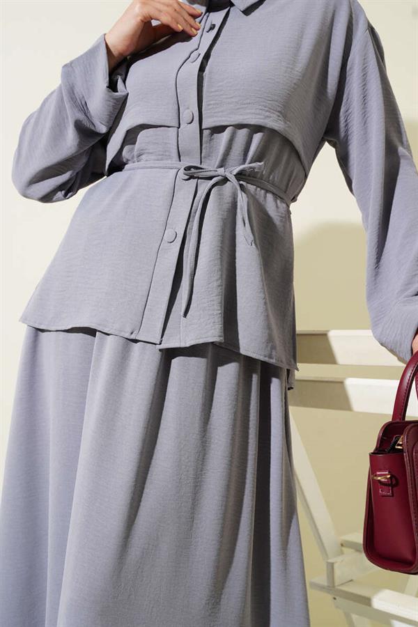 Piece Detailed Belted Skirted Aerobin Suit Gray