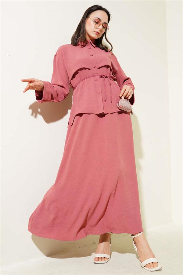 Piece Detailed Belted Skirted Aerobin Suit Dusty Rose
