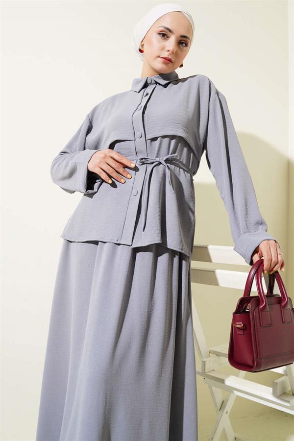 Piece Detailed Belted Skirted Aerobin Suit Gray