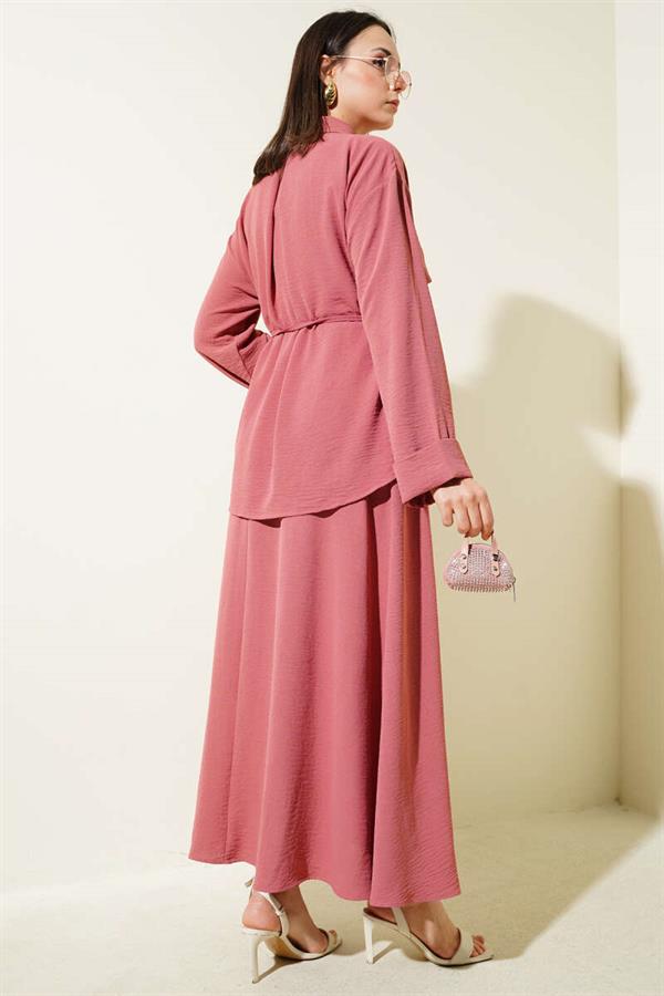 Piece Detailed Belted Skirted Aerobin Suit Dusty Rose