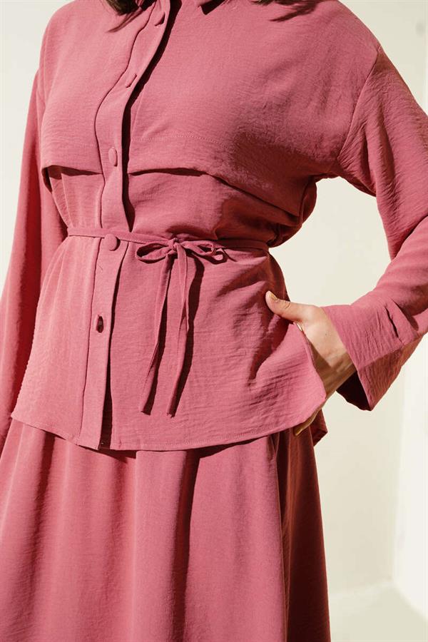 Piece Detailed Belted Skirted Aerobin Suit Dusty Rose