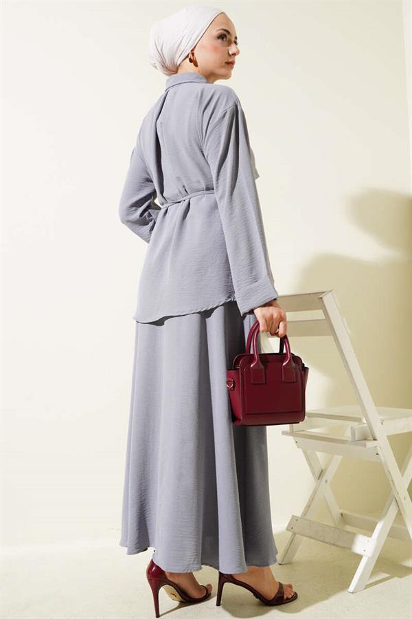 Piece Detailed Belted Skirted Aerobin Suit Gray