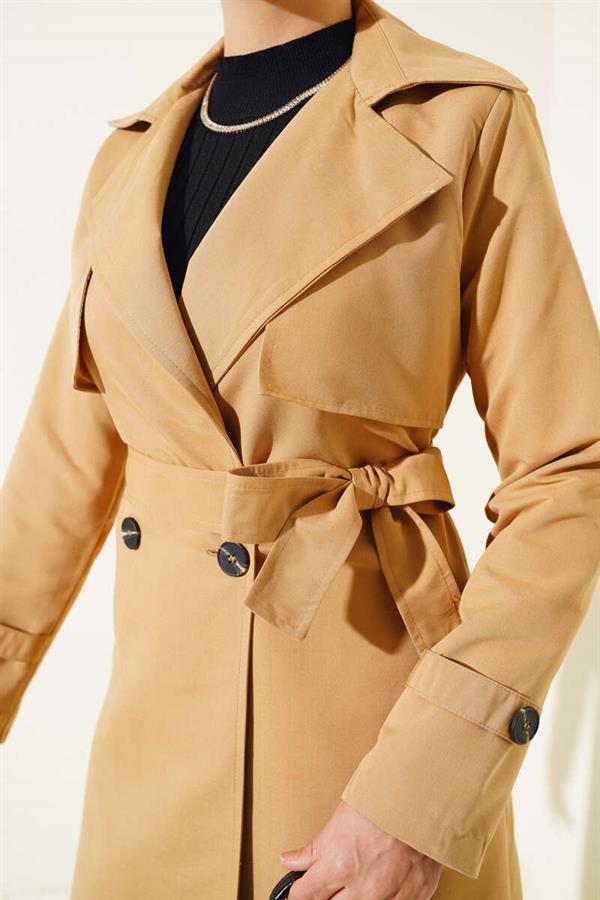 Belted Trench Coat with Piece Detail Camel