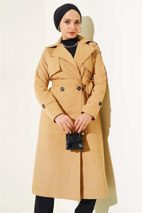 Belted Trench Coat with Piece Detail Camel