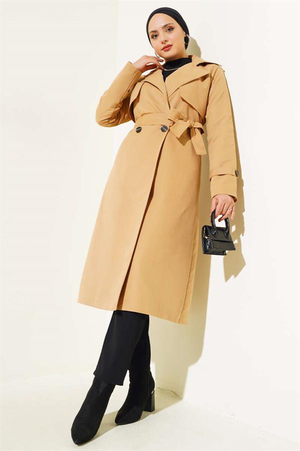 Belted Trench Coat with Piece Detail Camel