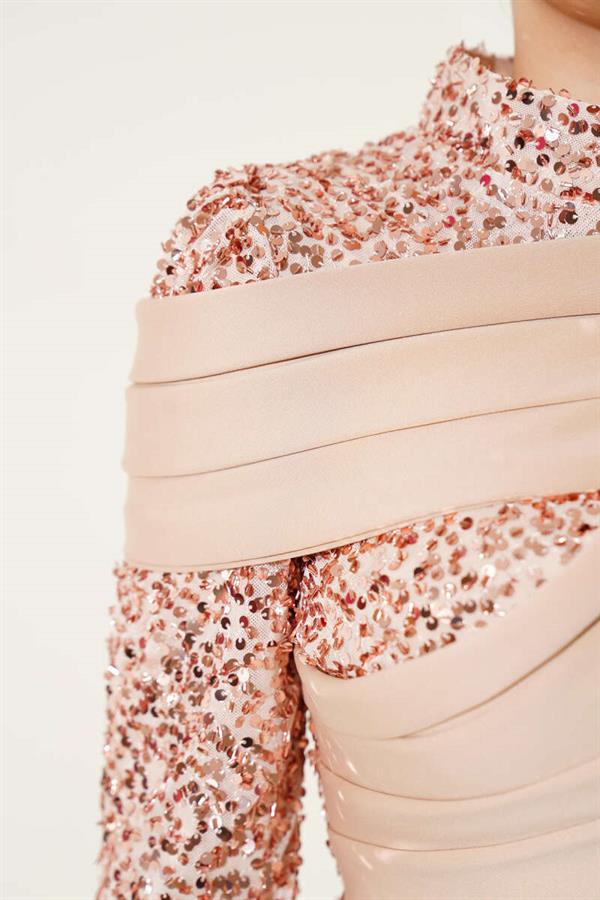 Gold Sequin Evening Dress with Piece Detail