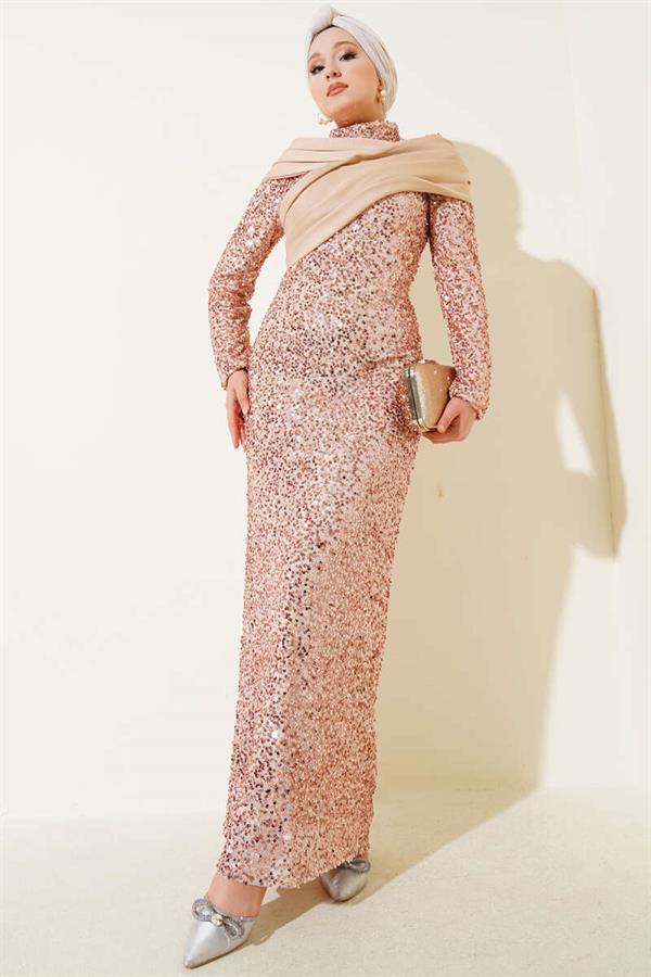 Gold Sequin Evening Dress with Piece Detail