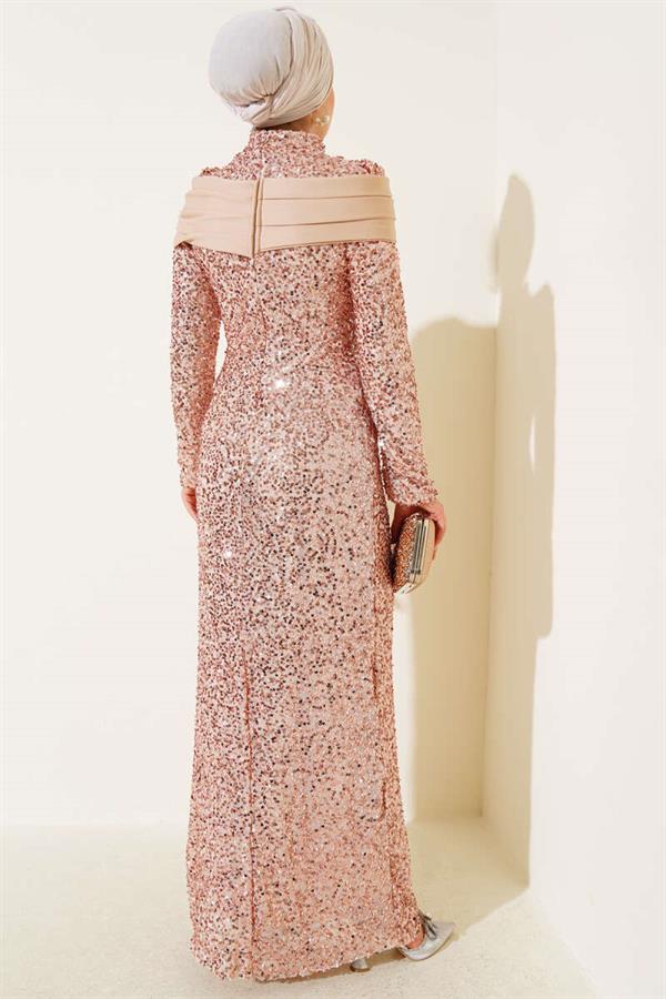 Gold Sequin Evening Dress with Piece Detail