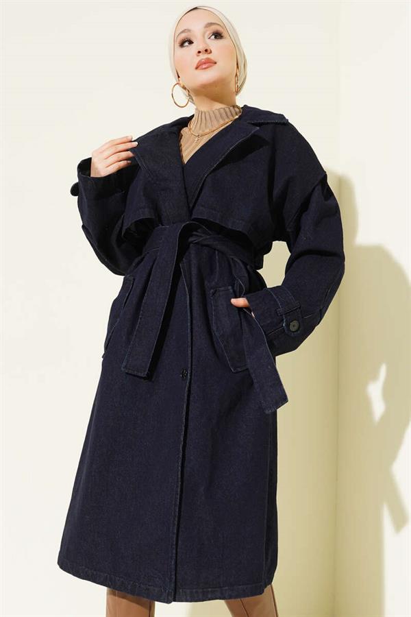 Detailed Loose Fit Denim Trench Coat, Navy Blue