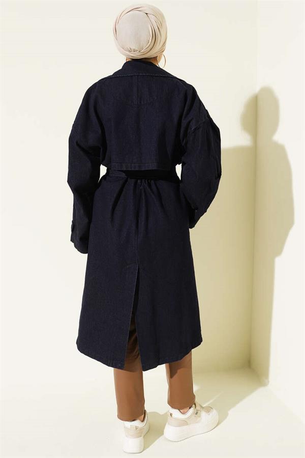 Detailed Loose Fit Denim Trench Coat, Navy Blue