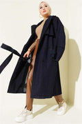 Detailed Loose Fit Denim Trench Coat, Navy Blue
