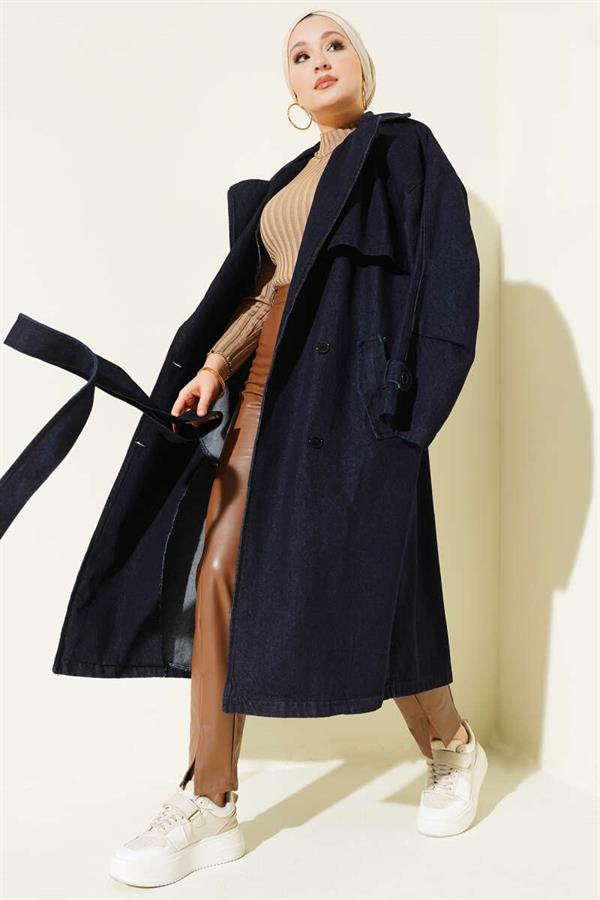 Detailed Loose Fit Denim Trench Coat, Navy Blue