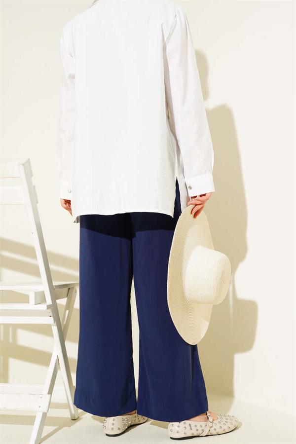 Shiny Look Fabric Trousers Navy Blue