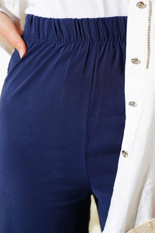 Shiny Look Fabric Trousers Navy Blue