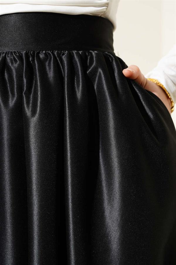 Shiny Flared Taffeta Skirt Black