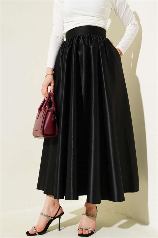Shiny Flared Taffeta Skirt Black