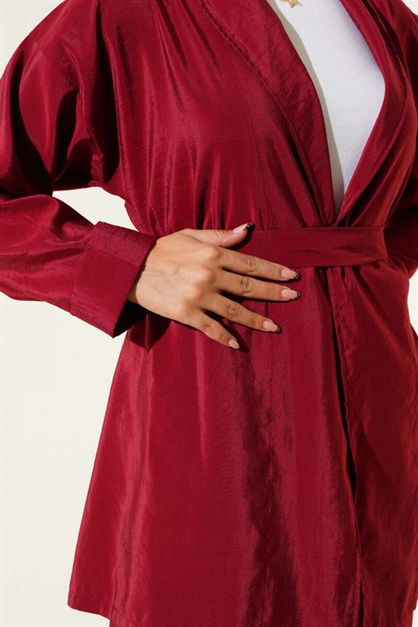 Shiny Belted 2 Piece Set Burgundy