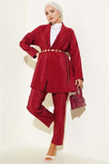 Shiny Belted 2 Piece Set Burgundy