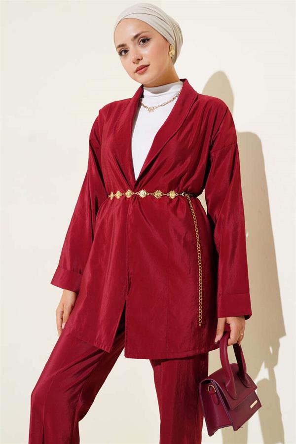 Shiny Belted 2 Piece Set Burgundy