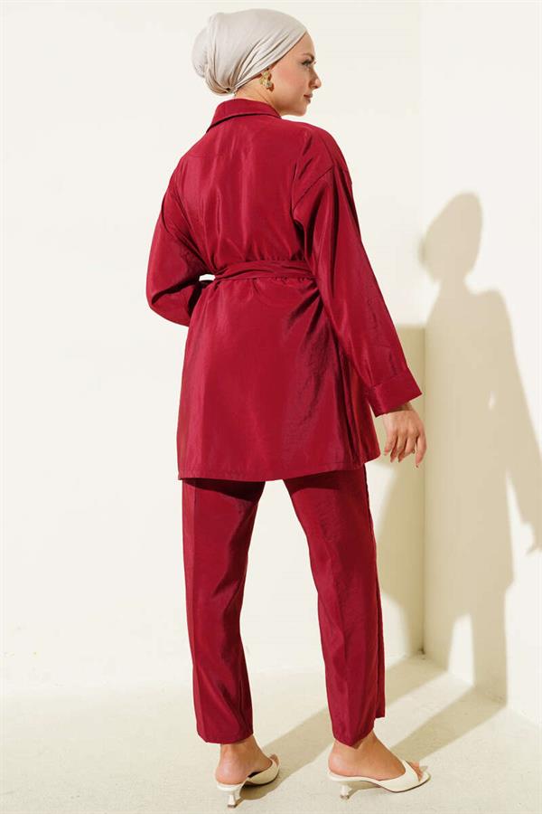 Shiny Belted 2 Piece Set Burgundy