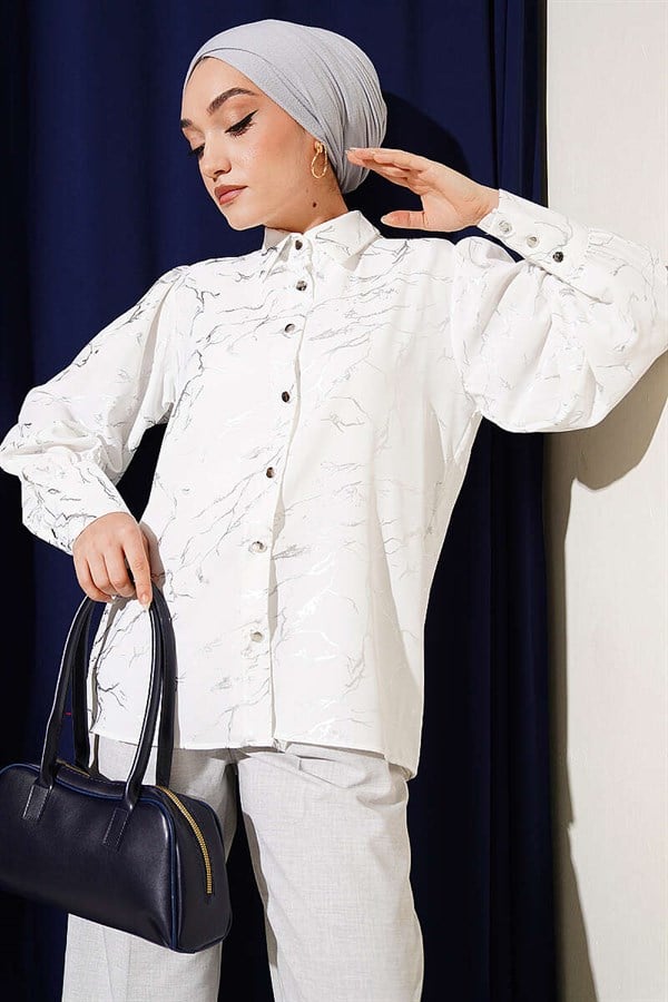 Shiny Marble Pattern Shirt, Ecru