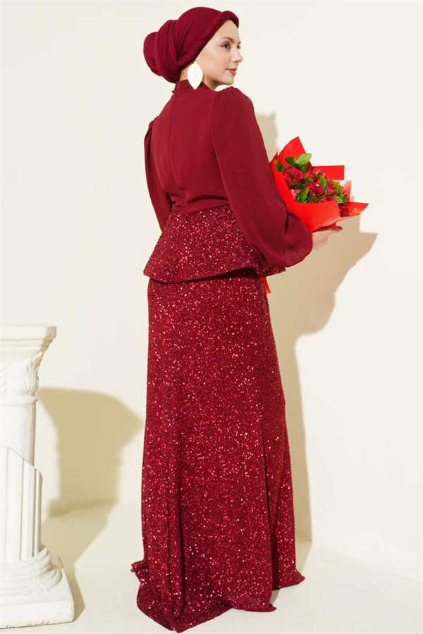 Burgundy Two-Piece Evening Dress 2 Piece Set with Shiny Sequin Details