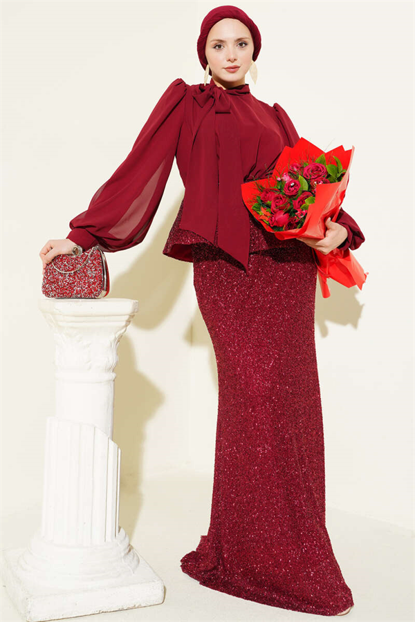 Burgundy Two-Piece Evening Dress 2 Piece Set with Shiny Sequin Details