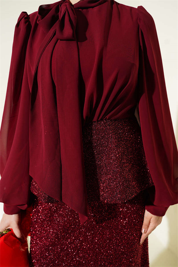Burgundy Two-Piece Evening Dress 2 Piece Set with Shiny Sequin Details